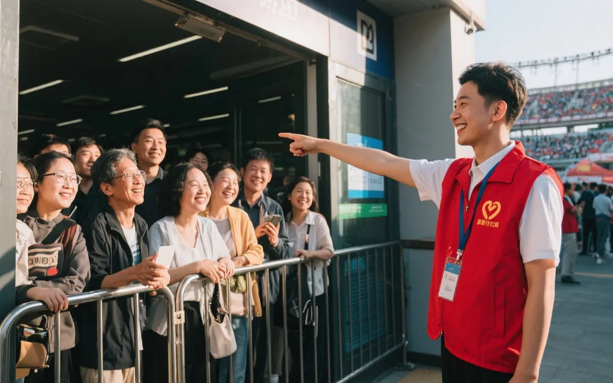 志愿者在城市公共交通口为观赛人群指路，温暖纪实风