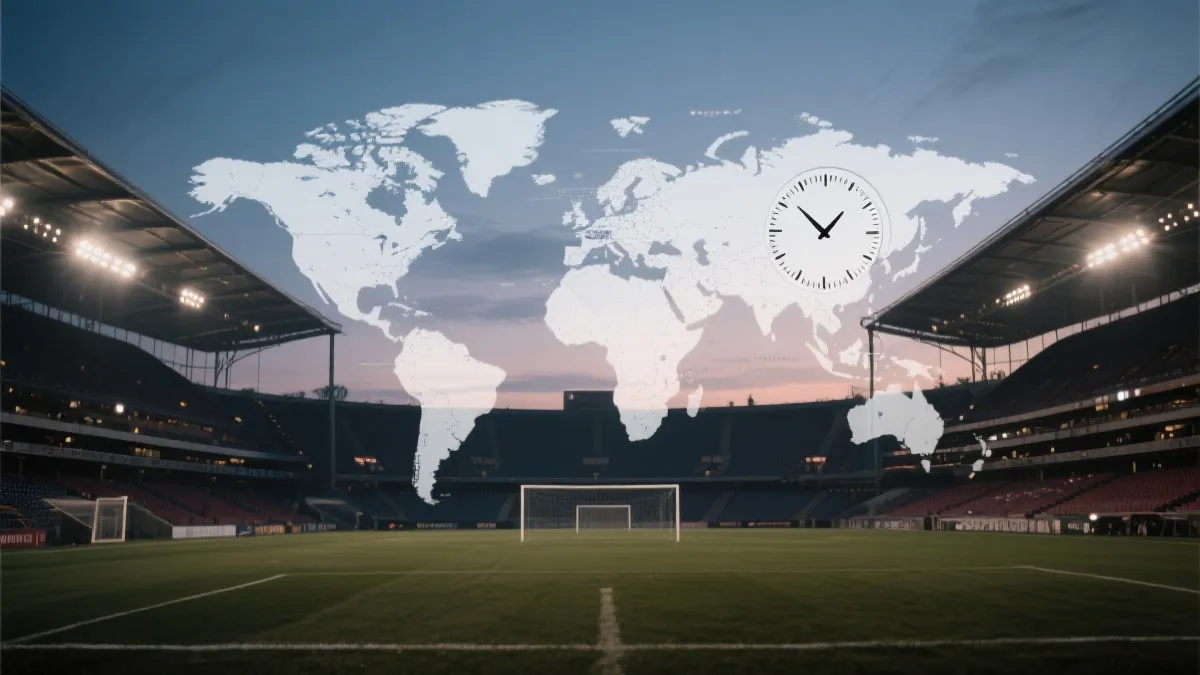 球场黄昏开球与全球钟表时区对照的视觉概念